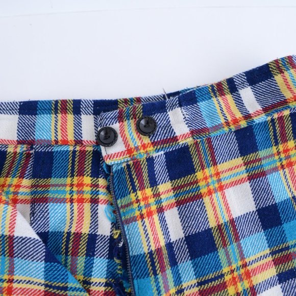 70's Inspired Yellow &  Blue Checker Print Wide Leg Pants - Picture 13 of 14